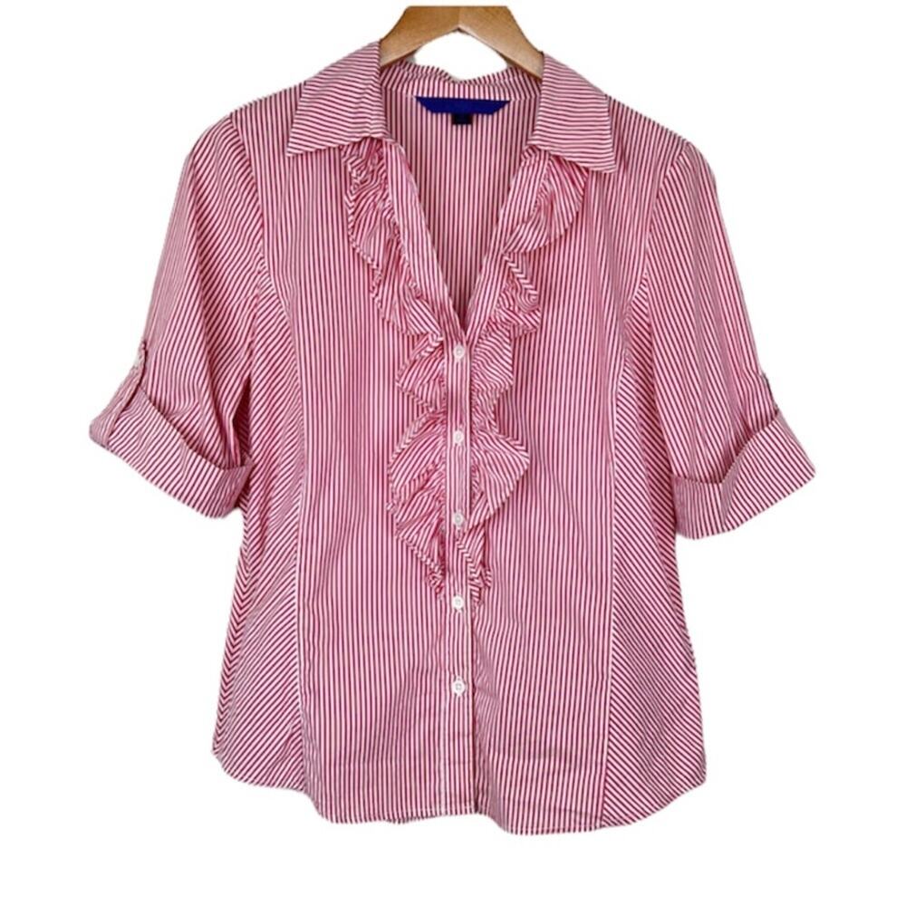 NYDJ red white stripe ruffle front button down short tab sleeve blouse stretch S